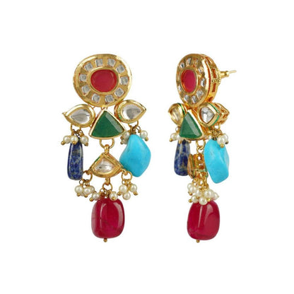 Auraa Trends 22Kt Gold Plated Kundan Traditional Navratna Multi-Color Necklace Set