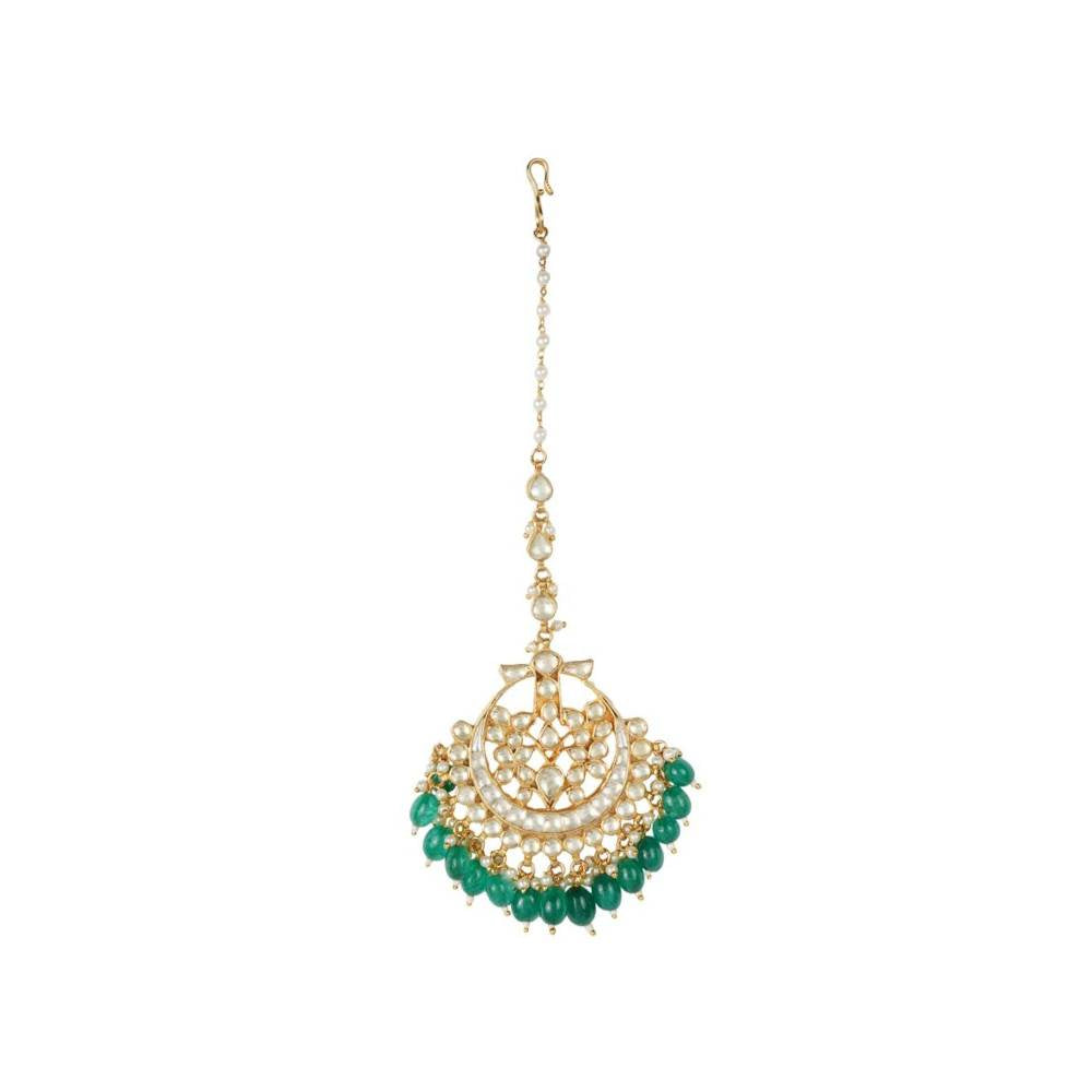 Auraa Trends 22Kt Gold Plated Kundan Classic Green Maangtika