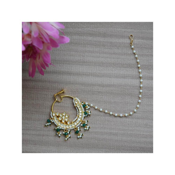 Auraa Trends 22Kt Gold Plated Kundan Classic Green Nath