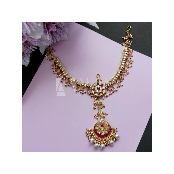 Auraa Trends 22Kt Gold Plated Kundan Traditional Pink Matha Patti
