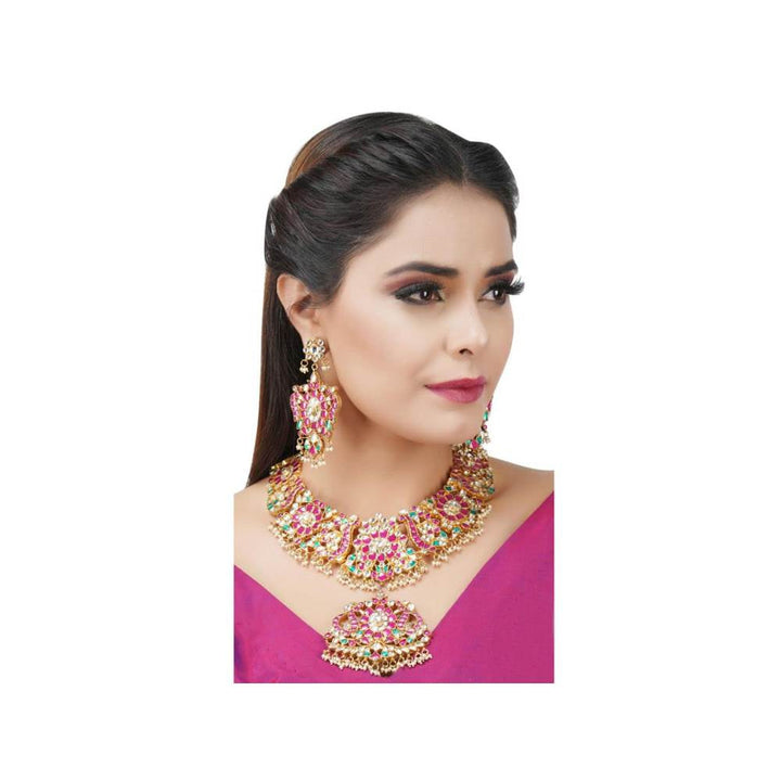 Auraa Trends 22Kt Gold Plated Kundan Traditional Pink and Green Necklace Set