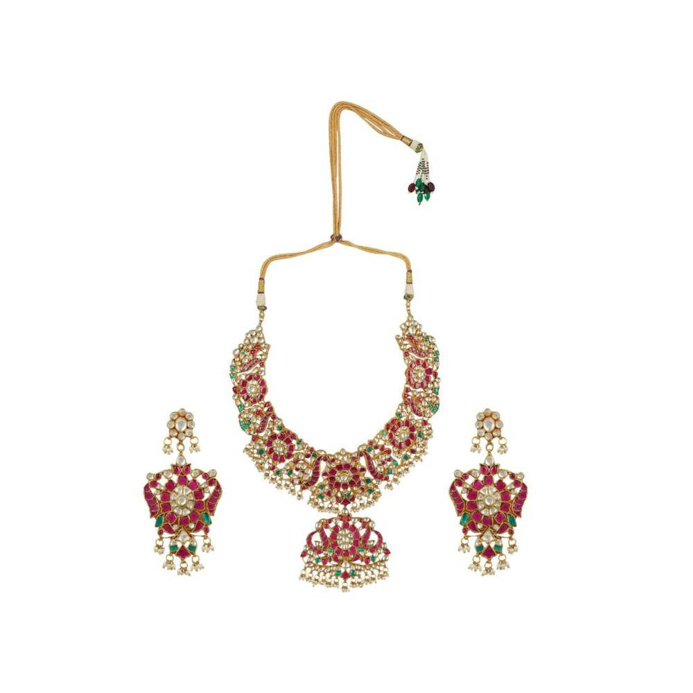 Auraa Trends 22Kt Gold Plated Kundan Traditional Pink and Green Necklace Set