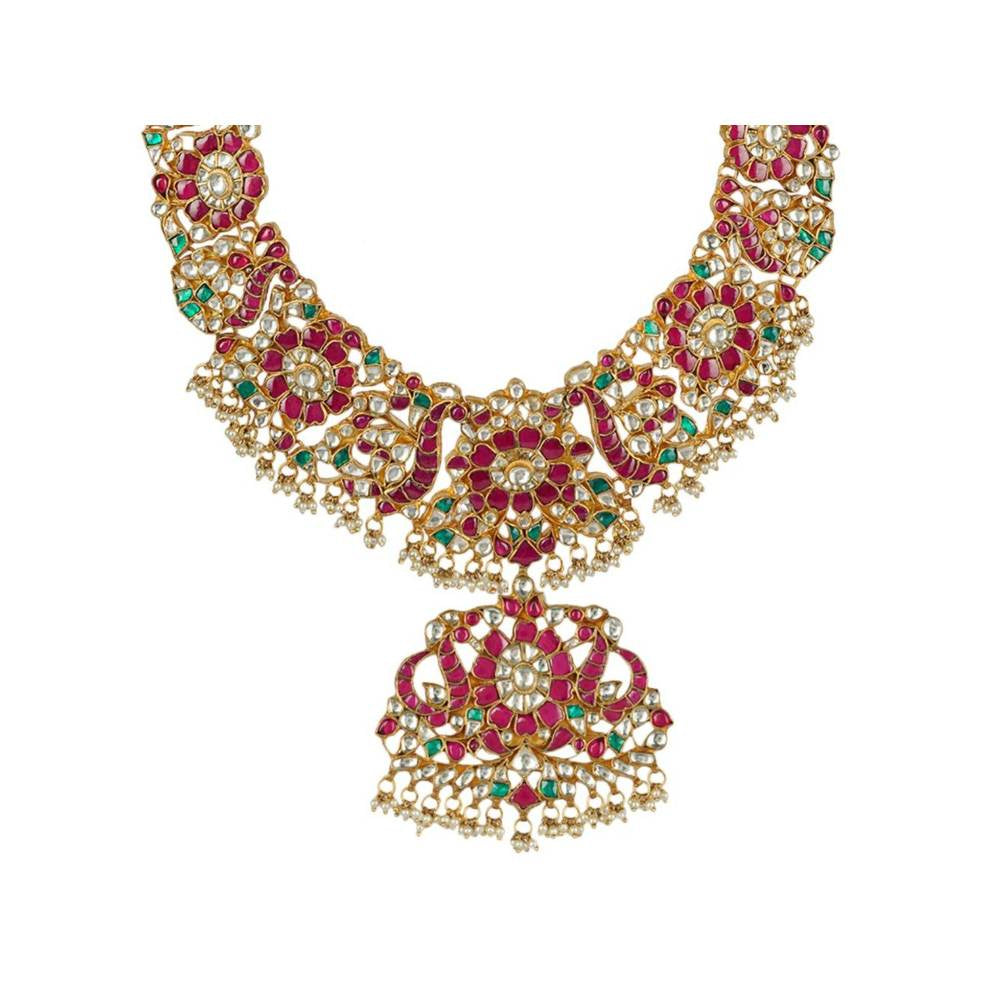 Auraa Trends 22Kt Gold Plated Kundan Traditional Pink and Green Necklace Set