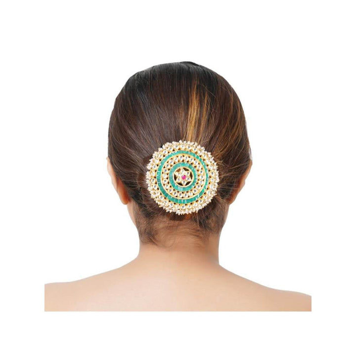 Auraa Trends 22Kt Gold Plated Kundan Traditional Red and Green Juda Pin for Women
