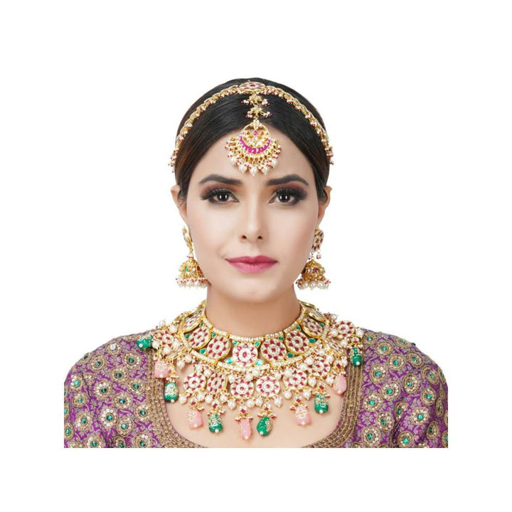 Auraa Trends 22Kt Gold Plated Kundan Traditional Handcrafted Stones Red and Green Necklace Set