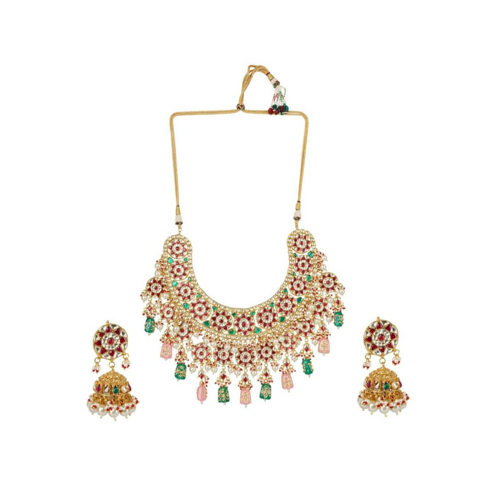 Auraa Trends 22Kt Gold Plated Kundan Traditional Handcrafted Stones Red and Green Necklace Set