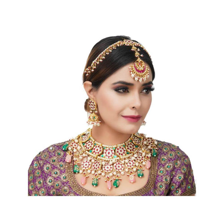 Auraa Trends 22Kt Gold Plated Kundan Traditional Handcrafted Stones Red and Green Necklace Set