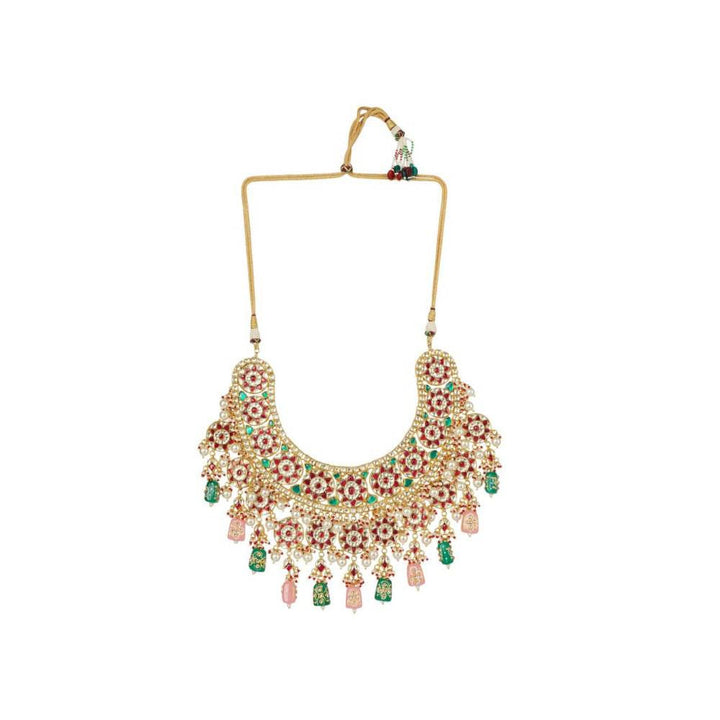 Auraa Trends 22Kt Gold Plated Kundan Traditional Handcrafted Stones Red and Green Necklace Set