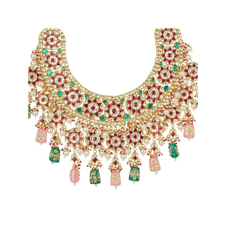 Auraa Trends 22Kt Gold Plated Kundan Traditional Handcrafted Stones Red and Green Necklace Set