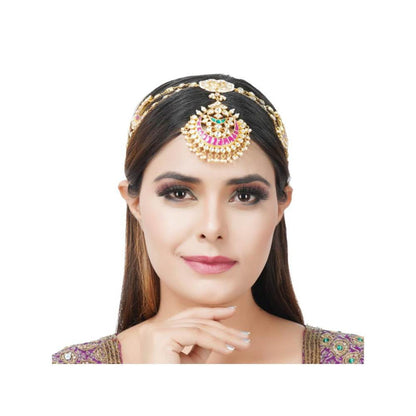 Auraa Trends 22Kt Gold Plated Kundan Traditional Red and Green Mathapati for Women