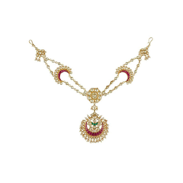 Auraa Trends 22Kt Gold Plated Kundan Traditional Red and Green Mathapati for Women
