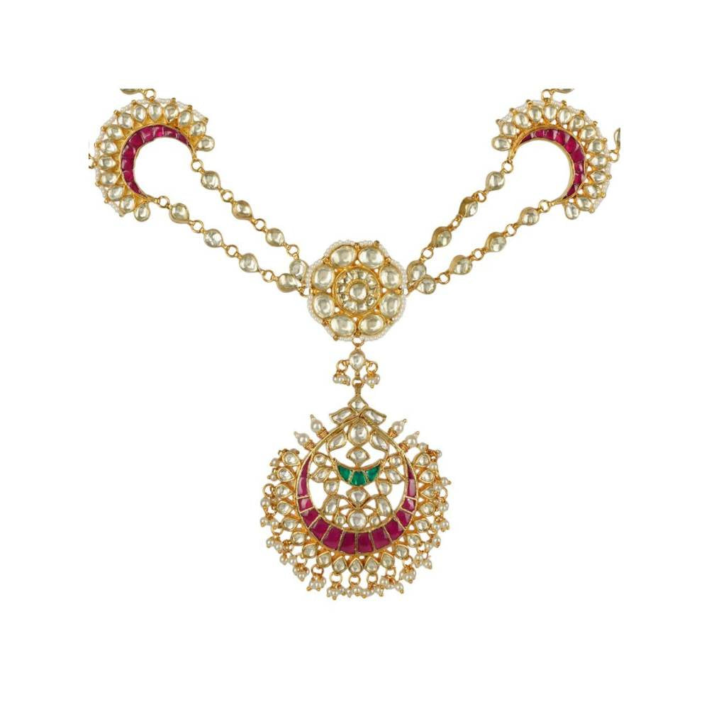 Auraa Trends 22Kt Gold Plated Kundan Traditional Red and Green Mathapati for Women