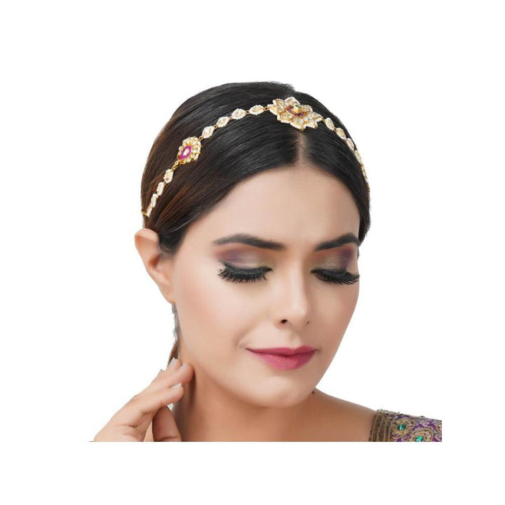 Auraa Trends 22Kt Gold Plated Kundan Traditional Red and Green Head Band for Women