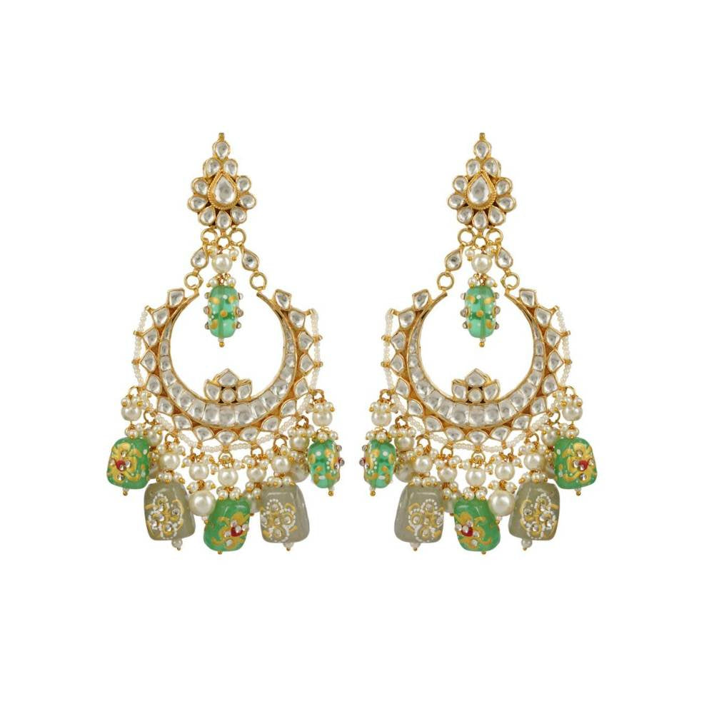 Auraa Trends 22Kt Gold Plated Kundan Traditional Handcrafted Stones Green Earring Set for Women