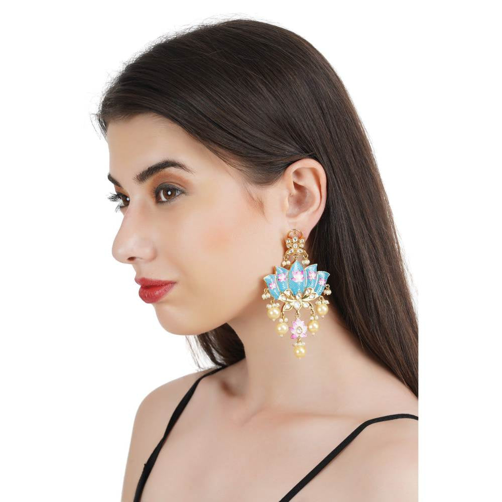 Auraa Trends 22KT Gold Plated Kundan Traditional Blue and Pink Earrings