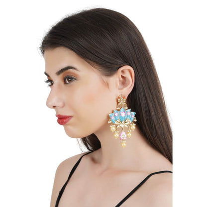 Auraa Trends 22KT Gold Plated Kundan Traditional Blue and Pink Earrings