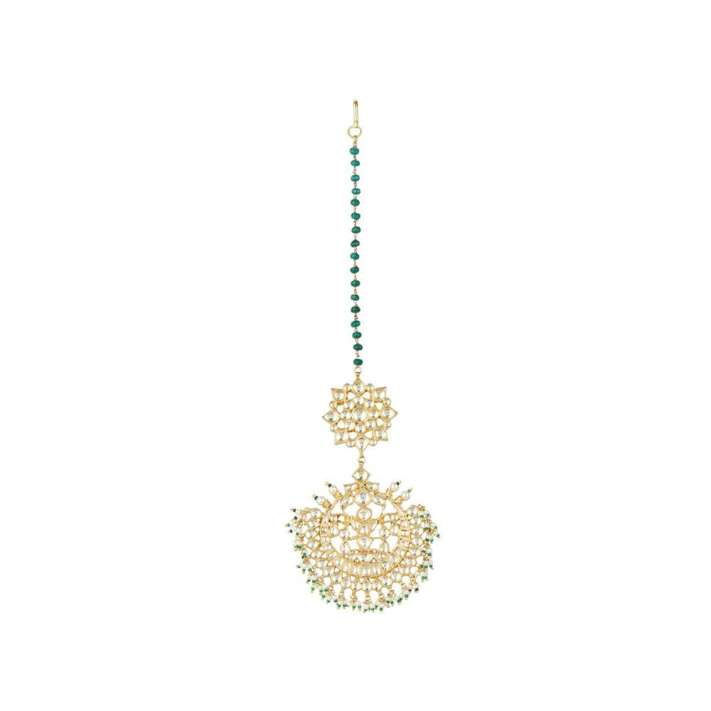 Auraa Trends 22KT Gold Plated Kundan Classic Green Maangtika