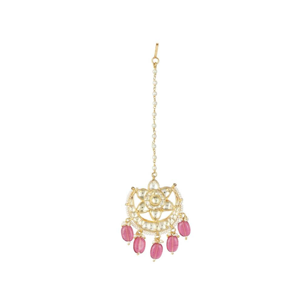 Auraa Trends 22KT Gold Plated Kundan Classic Pink Maangtika