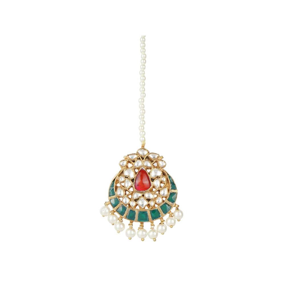 Auraa Trends 22KT Gold Plated Kundan Traditional Multi-Color Maangtika