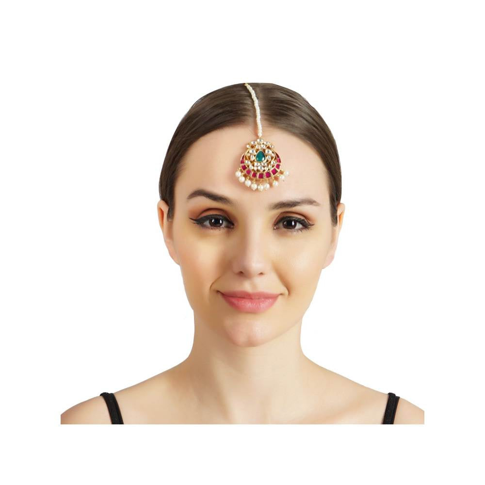 Auraa Trends 22KT Gold Plated Kundan Traditional Multi-Color Maangtika