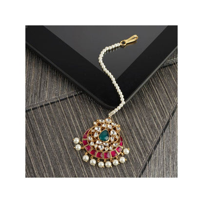 Auraa Trends 22KT Gold Plated Kundan Traditional Multi-Color Maangtika