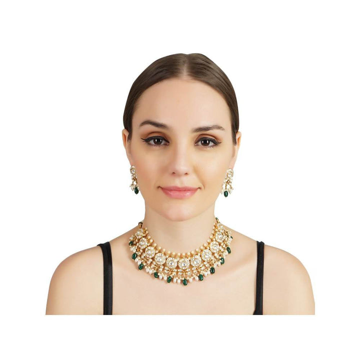 Auraa Trends 22KT Gold Plated Kundan Classic Green Necklace Set