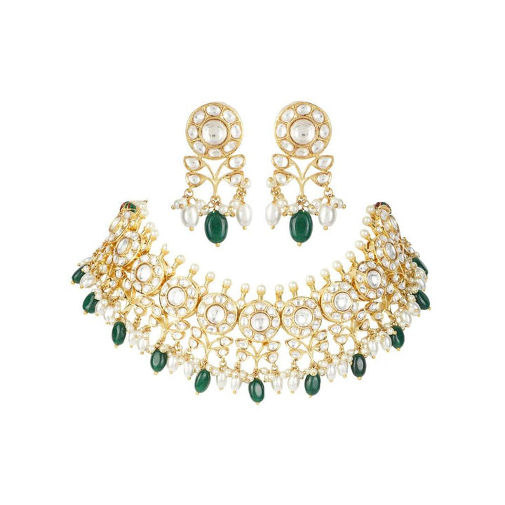 Auraa Trends 22KT Gold Plated Kundan Classic Green Necklace Set