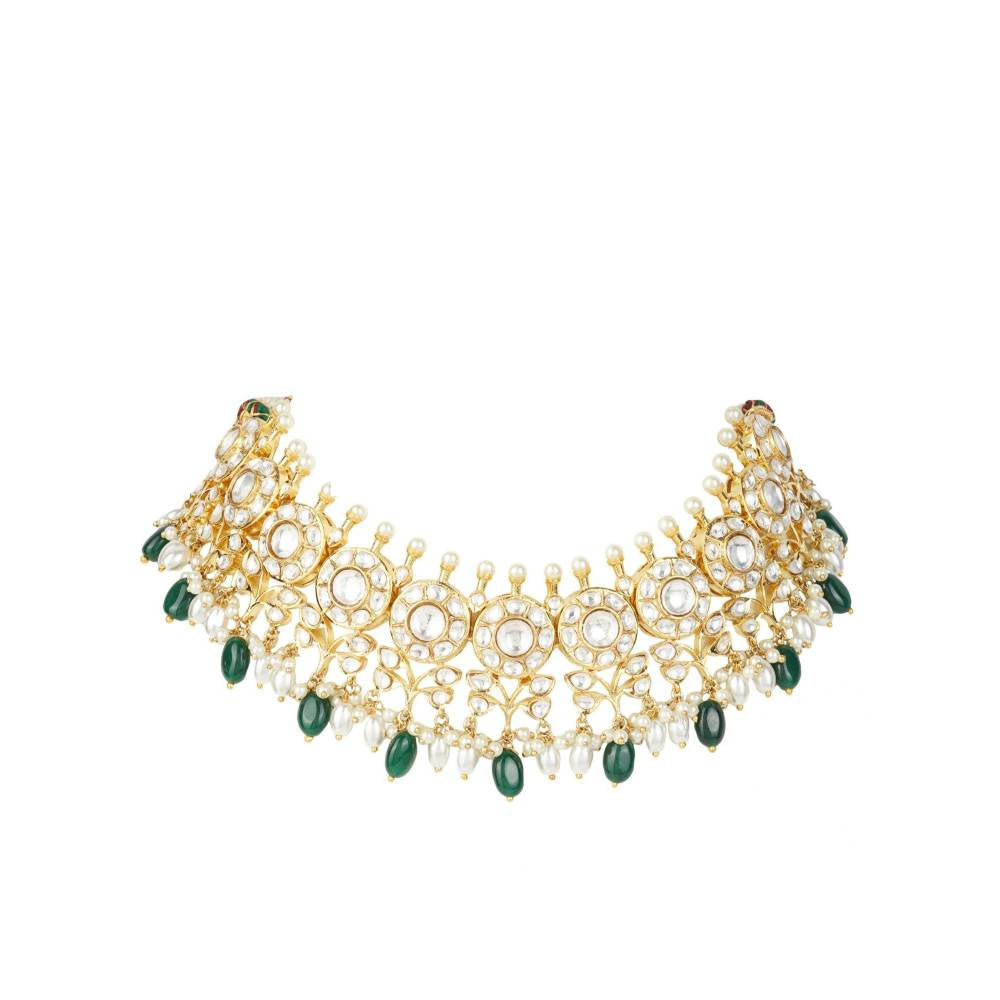 Auraa Trends 22KT Gold Plated Kundan Classic Green Necklace Set