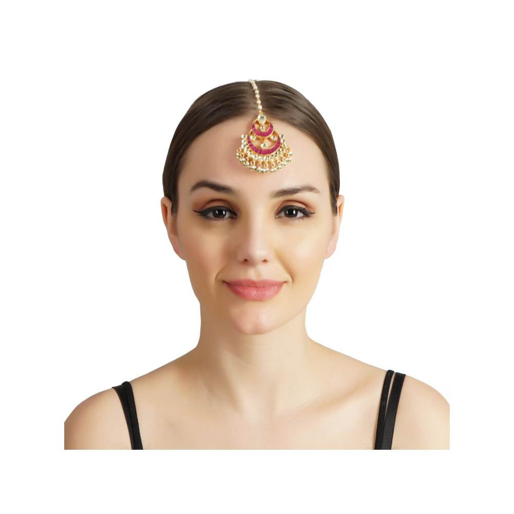 Auraa Trends 22KT Gold Plated Kundan Traditional Pink Maangtika