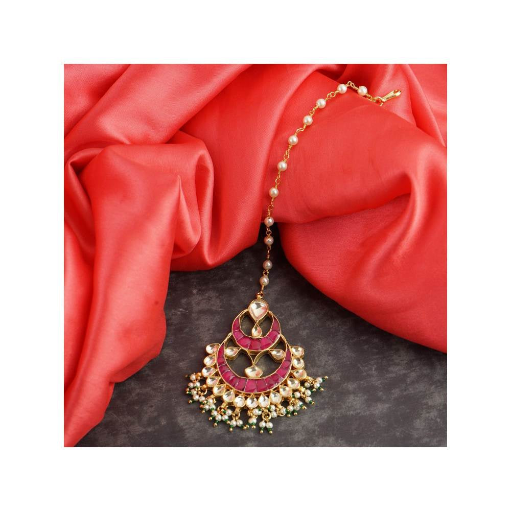 Auraa Trends 22KT Gold Plated Kundan Traditional Pink Maangtika