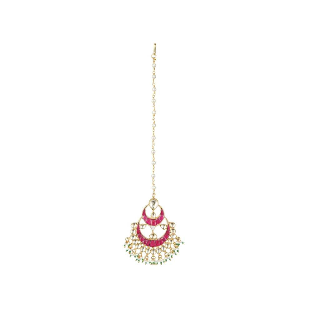 Auraa Trends 22KT Gold Plated Kundan Traditional Pink Maangtika