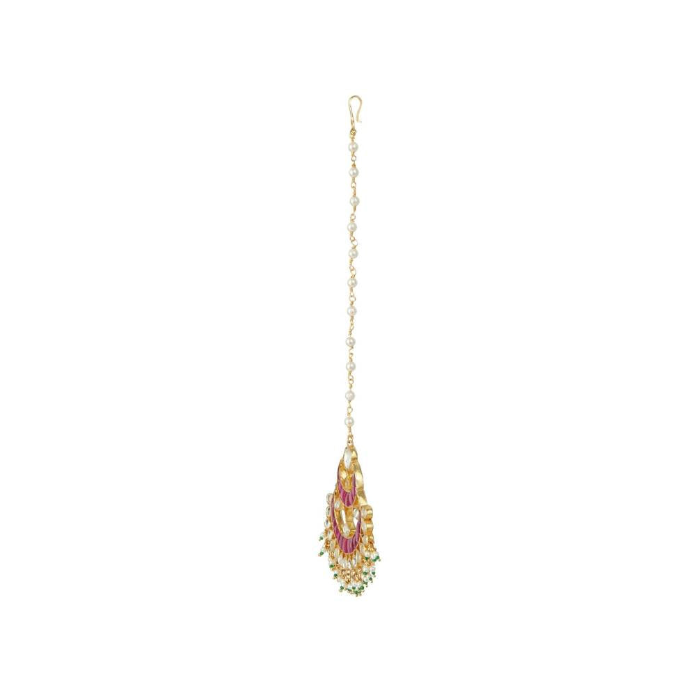 Auraa Trends 22KT Gold Plated Kundan Traditional Pink Maangtika