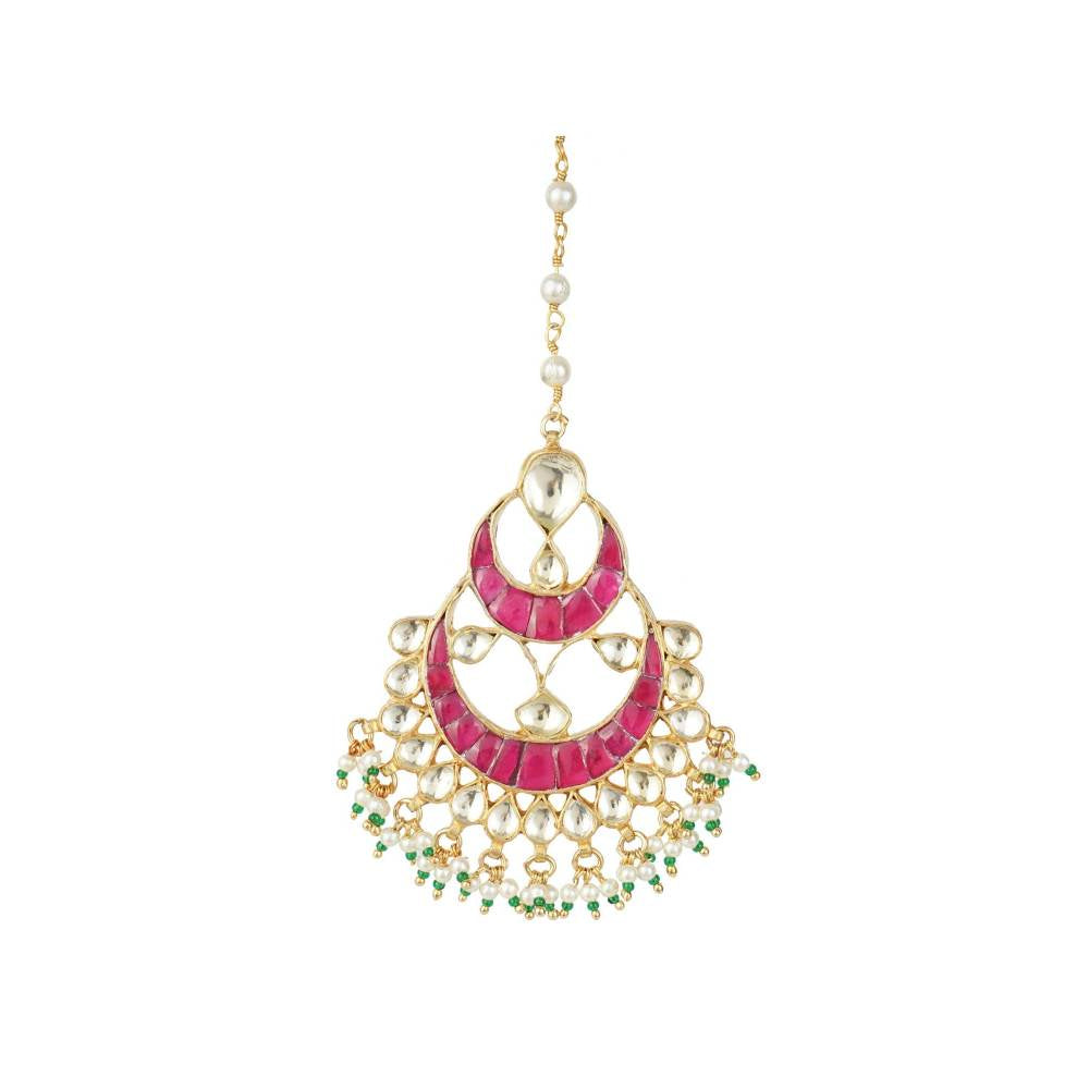 Auraa Trends 22KT Gold Plated Kundan Traditional Pink Maangtika