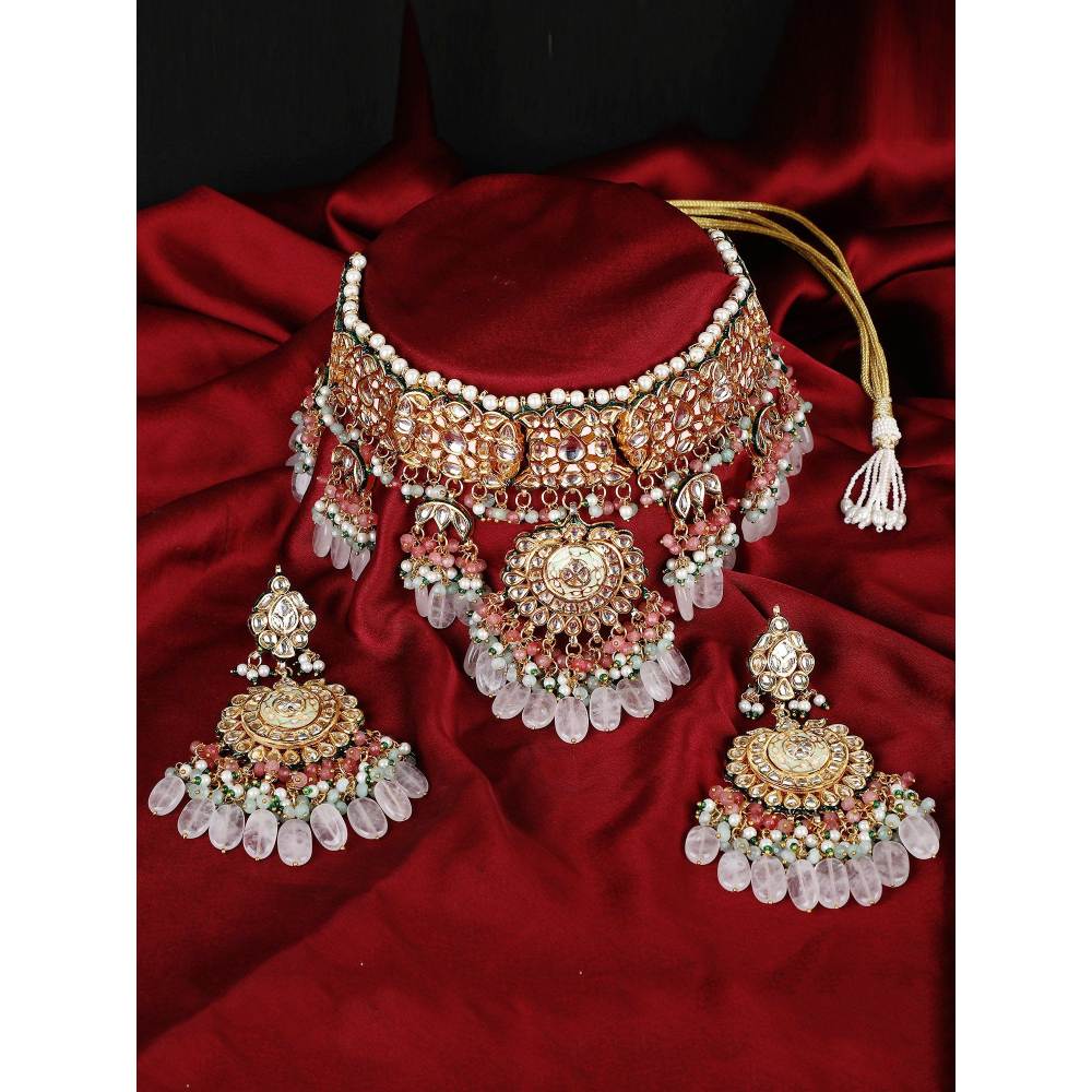 Auraa Trends 22KT Gold Plated Kundan Elegant Pink Necklace Set For Women