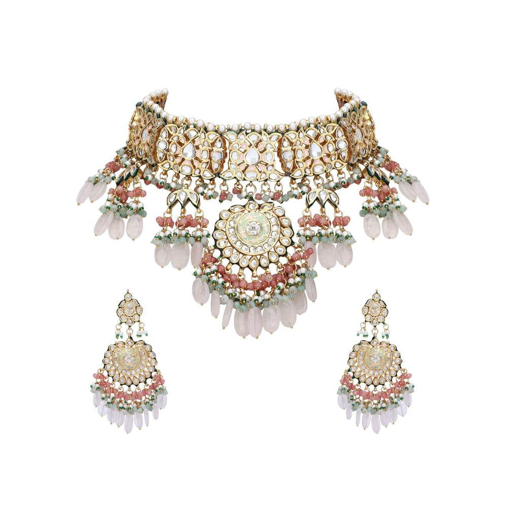 Auraa Trends 22KT Gold Plated Kundan Elegant Pink Necklace Set For Women