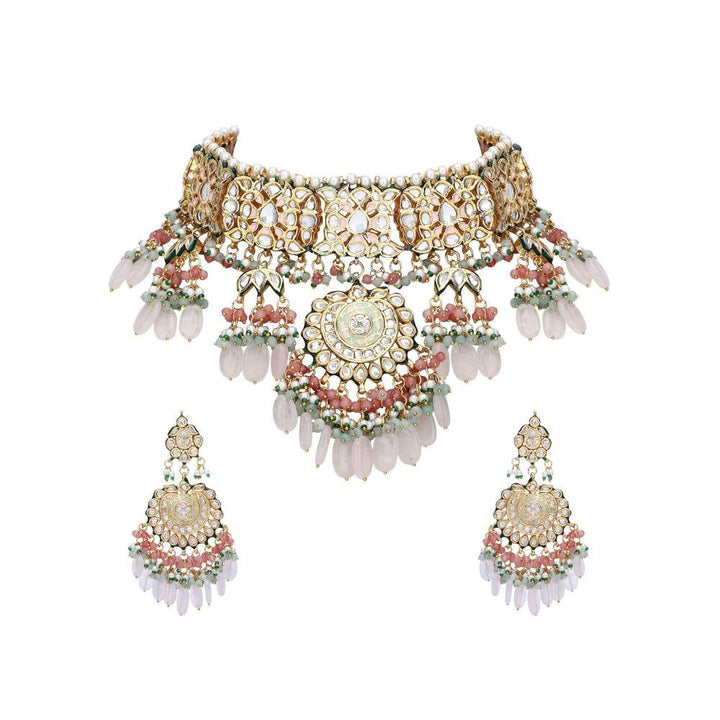 Auraa Trends 22KT Gold Plated Kundan Elegant Pink Necklace Set For Women