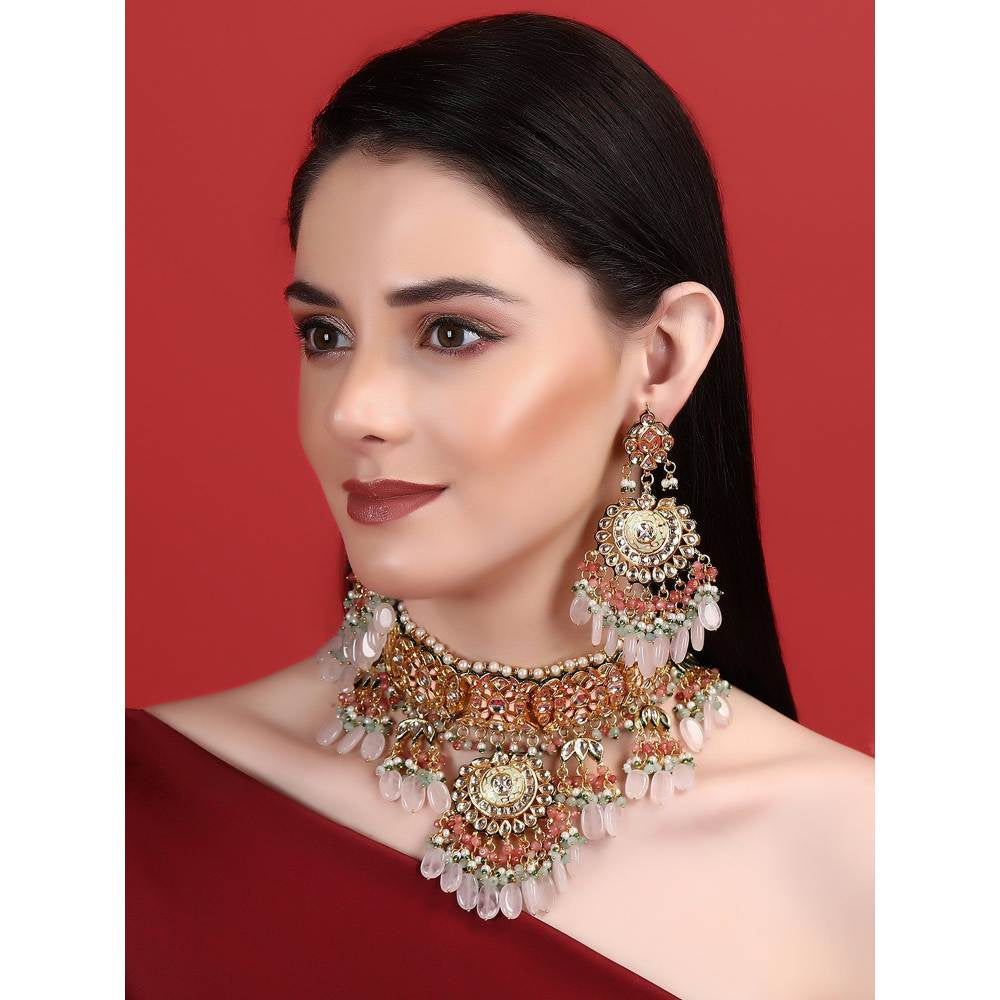 Auraa Trends 22KT Gold Plated Kundan Elegant Pink Necklace Set For Women