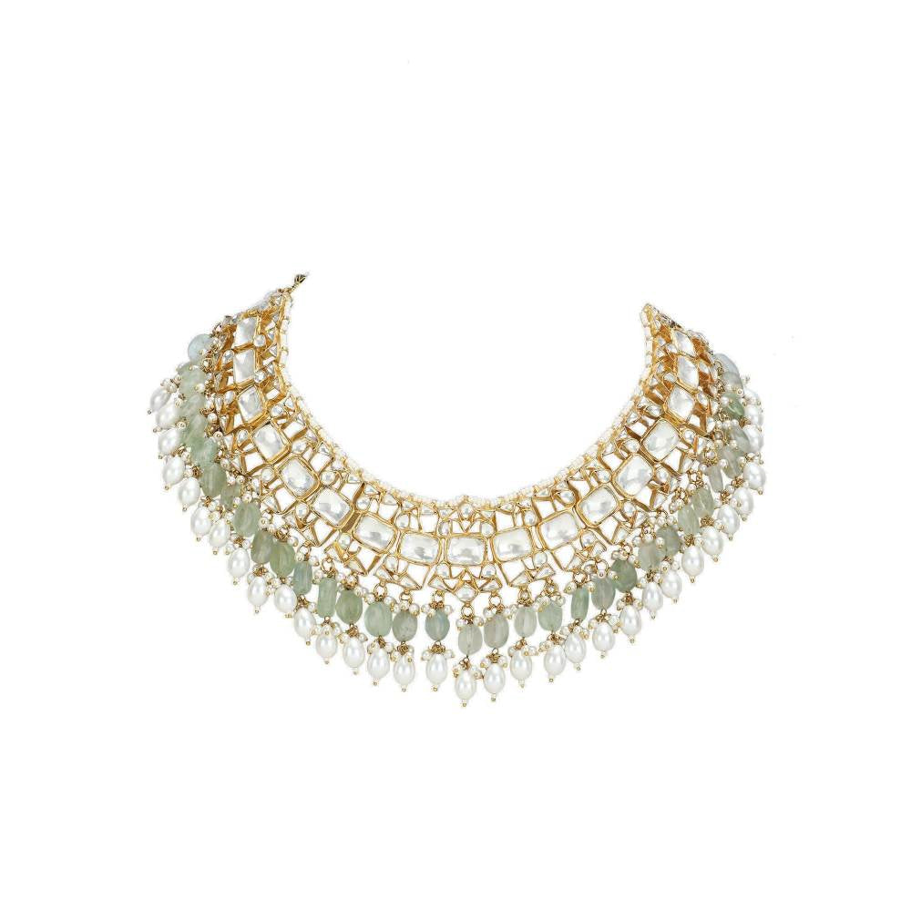 Auraa Trends 22KT Gold Plated Kundan Elegant Green Necklace Set For Women