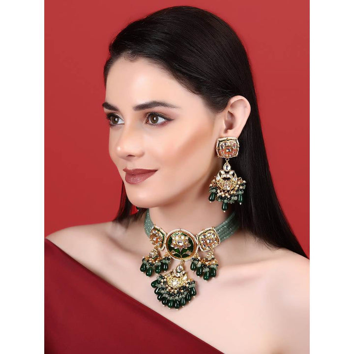 Auraa Trends 22KT Gold Plated Kundan Traditional Green Necklace Set For Women