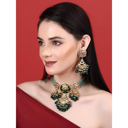 Auraa Trends 22KT Gold Plated Kundan Traditional Green Necklace Set For Women