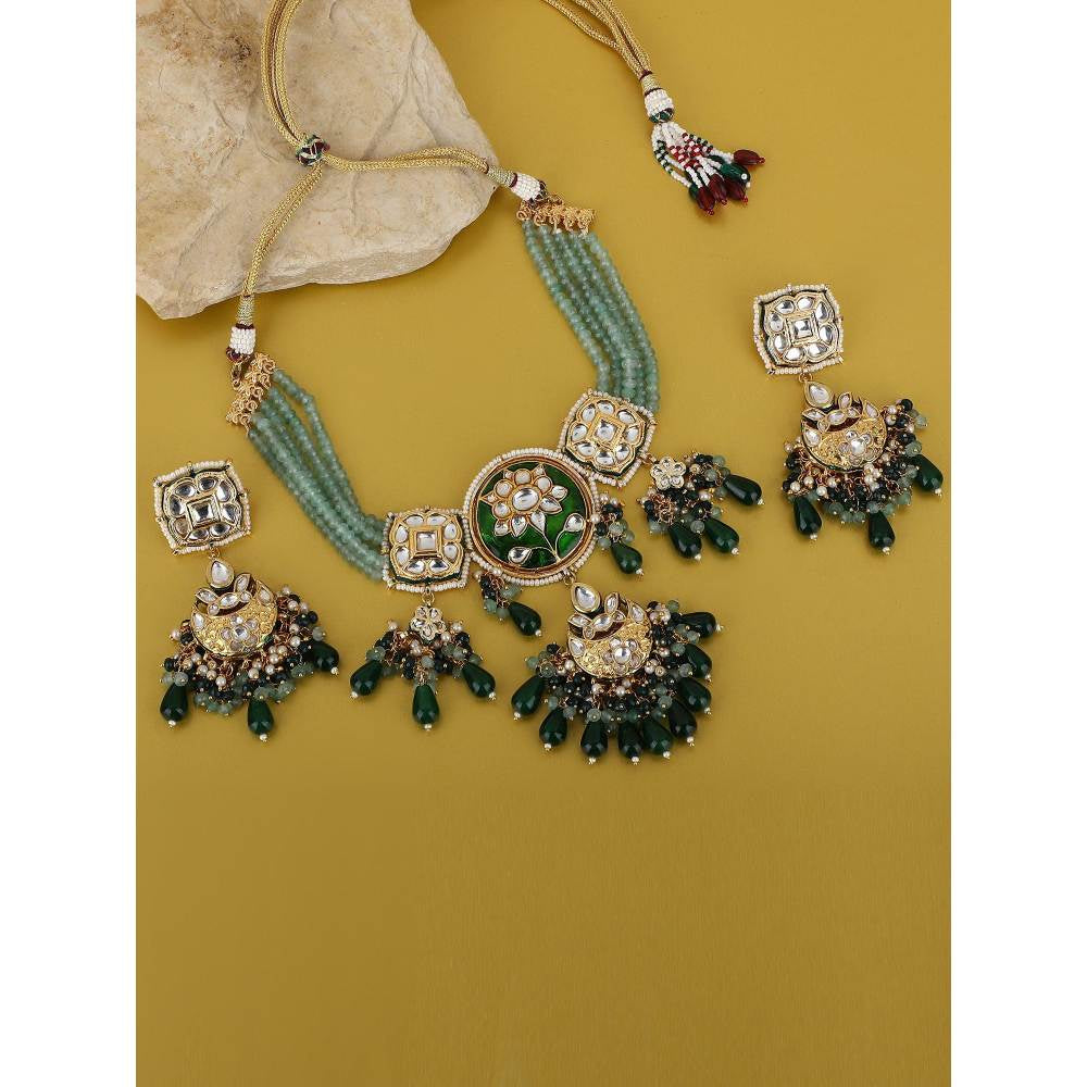 Auraa Trends 22KT Gold Plated Kundan Traditional Green Necklace Set For Women