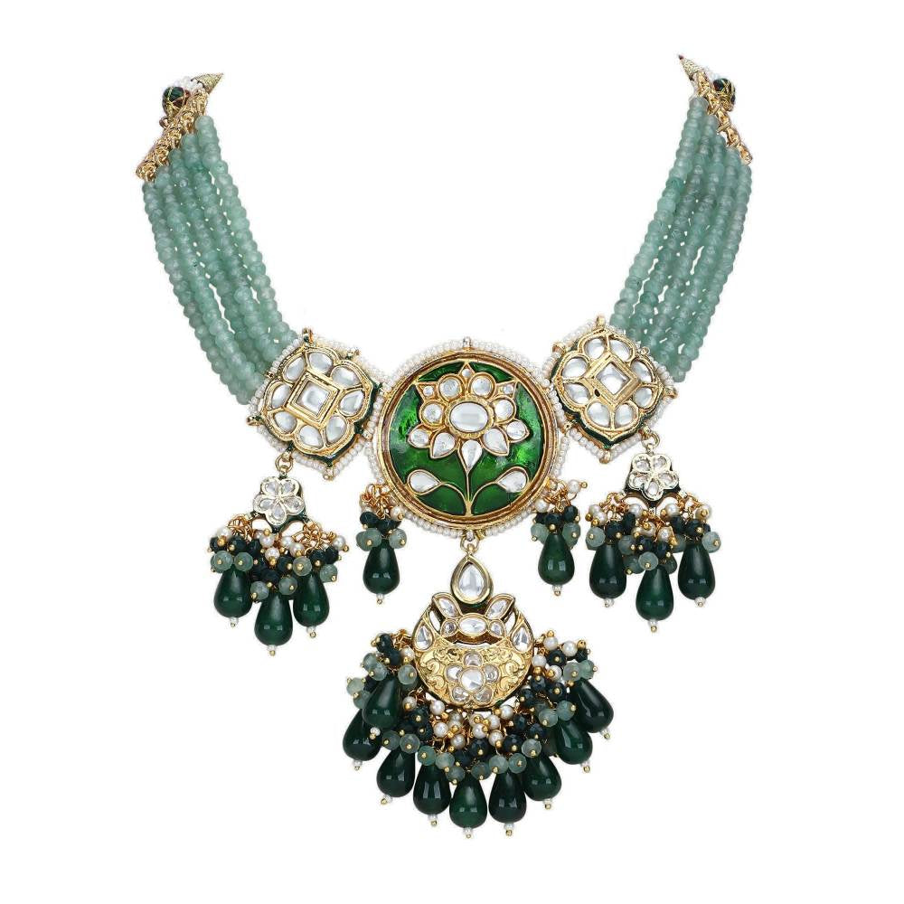 Auraa Trends 22KT Gold Plated Kundan Traditional Green Necklace Set For Women