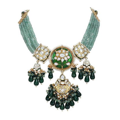 Auraa Trends 22KT Gold Plated Kundan Traditional Green Necklace Set For Women