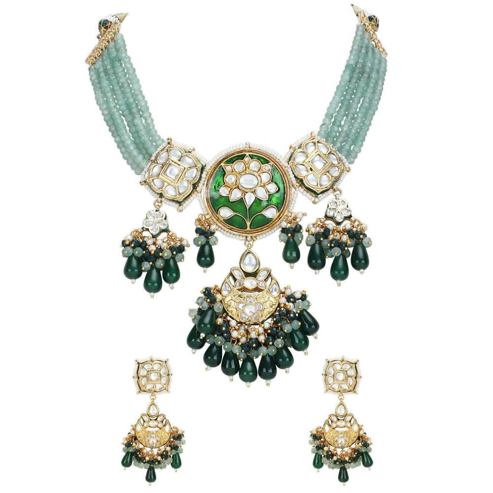 Auraa Trends 22KT Gold Plated Kundan Traditional Green Necklace Set For Women