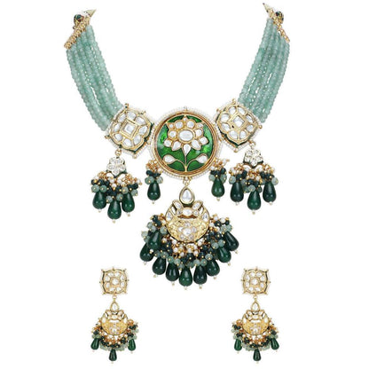 Auraa Trends 22KT Gold Plated Kundan Traditional Green Necklace Set For Women