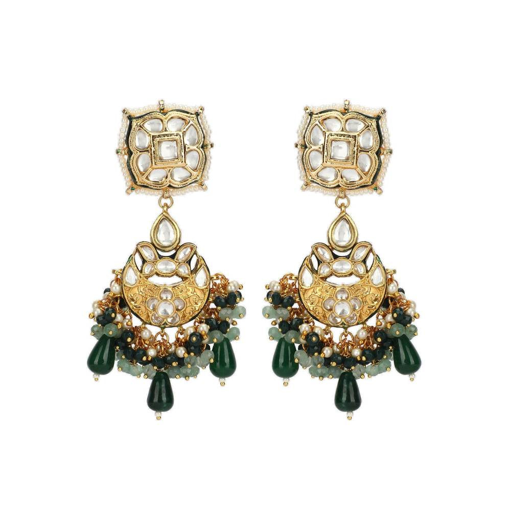 Auraa Trends 22KT Gold Plated Kundan Traditional Green Necklace Set For Women