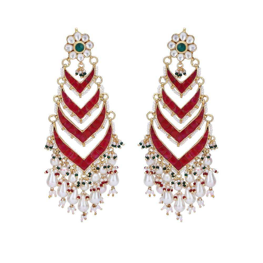 Auraa Trends 22KT Gold Plated Kundan Traditional Red Earring For Women