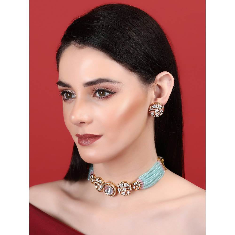 Auraa Trends 22KT Gold Plated Traditional Blue Necklace Set For Women
