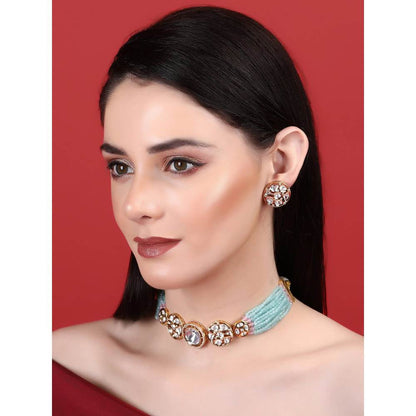 Auraa Trends 22KT Gold Plated Traditional Blue Necklace Set For Women