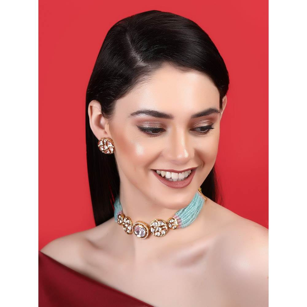 Auraa Trends 22KT Gold Plated Traditional Blue Necklace Set For Women